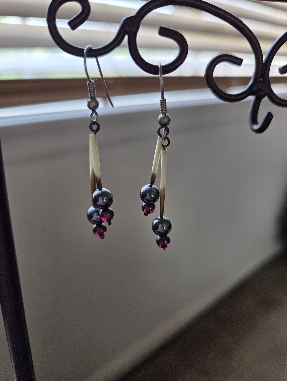 Dangle Earrings Made With Porcupine Quills Hematite And Garnet Beads